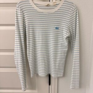 Striped Levi’s Long Sleeve Tee with Subtle Logo - White & Light Blue